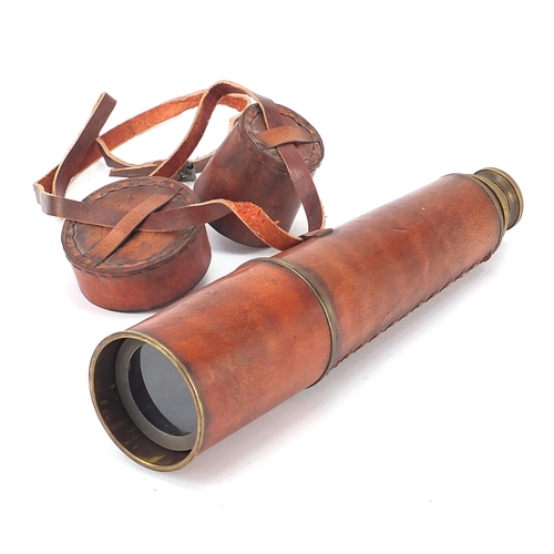 2433 - Military interest three draw brass telescope with leather case, 29.5cm in length when closed