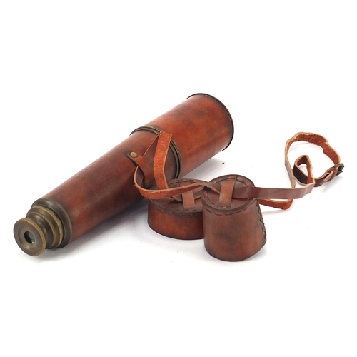 2433 - Military interest three draw brass telescope with leather case, 29.5cm in length when closed