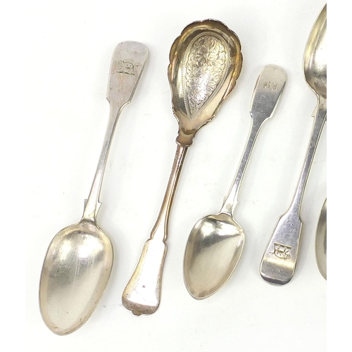 653 - Victorian and later silver spoons and a set of three silver coloured metal tablespoons engraved with... 