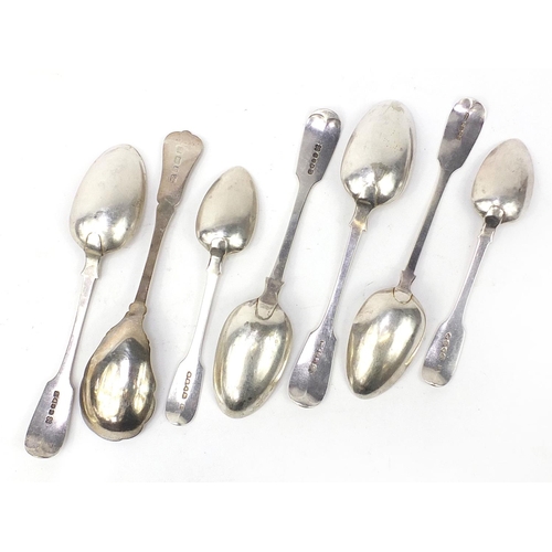 653 - Victorian and later silver spoons and a set of three silver coloured metal tablespoons engraved with... 