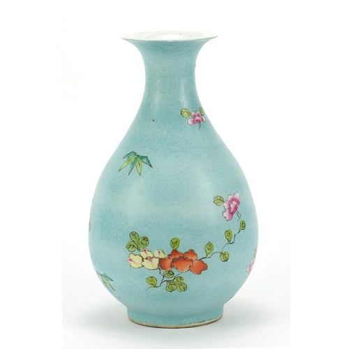 2454 - Chinese porcelain turquoise ground vase hand painted in the famille rose palette with flowers, six f... 