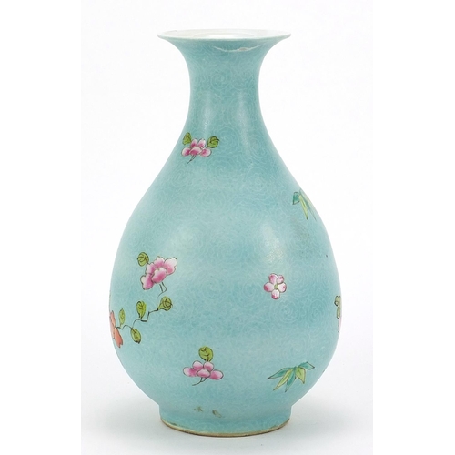 2454 - Chinese porcelain turquoise ground vase hand painted in the famille rose palette with flowers, six f... 