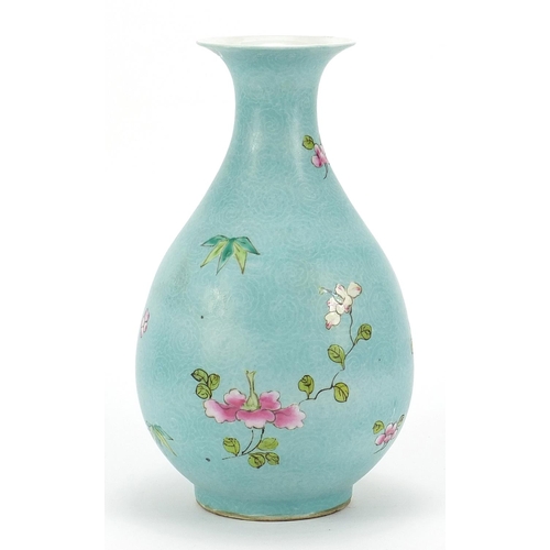 2454 - Chinese porcelain turquoise ground vase hand painted in the famille rose palette with flowers, six f... 