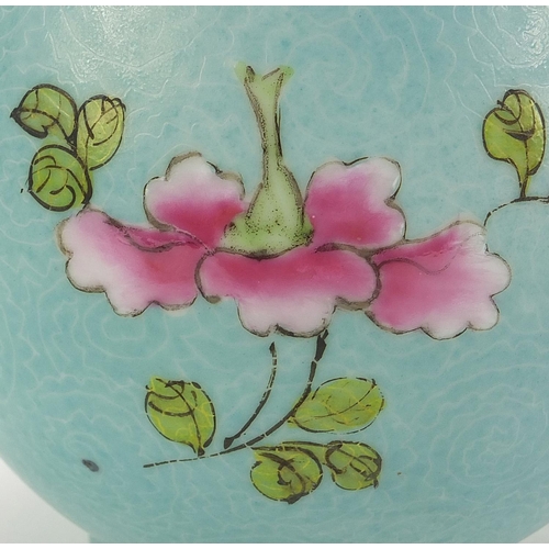 2454 - Chinese porcelain turquoise ground vase hand painted in the famille rose palette with flowers, six f... 