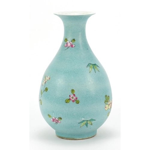 2454 - Chinese porcelain turquoise ground vase hand painted in the famille rose palette with flowers, six f... 