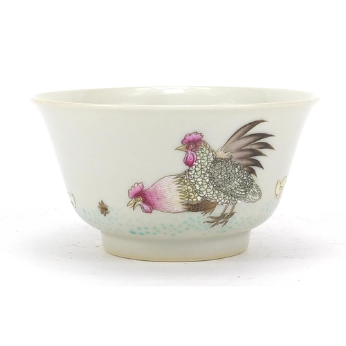 798 - Chinese porcelain bowl finely hand painted in the famille rose palette with chickens and chicks, six... 