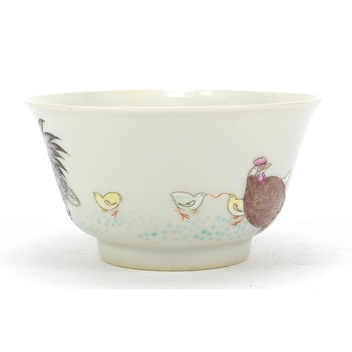 798 - Chinese porcelain bowl finely hand painted in the famille rose palette with chickens and chicks, six... 