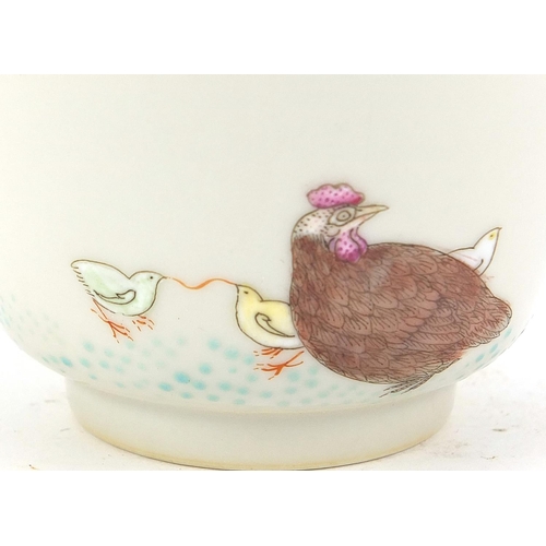 798 - Chinese porcelain bowl finely hand painted in the famille rose palette with chickens and chicks, six... 