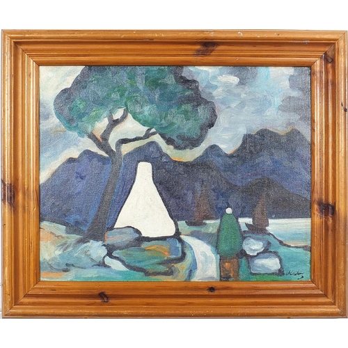 2448 - Figure before boats and mountains, Irish school oil on board, mounted and framed, 48.5cm x 38.5cm ex... 