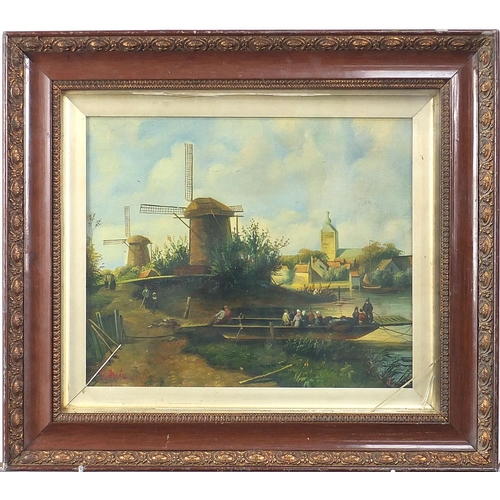 584 - Riverside landscape with windmills, Dutch school oil, mounted, framed and glazed, 37.5cm x 31cm excl... 