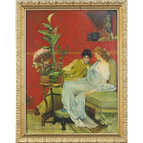 610 - Two females in an interior, Italian Pre-Raphaelite school oil on board, mounted and framed, 59.5cm x... 