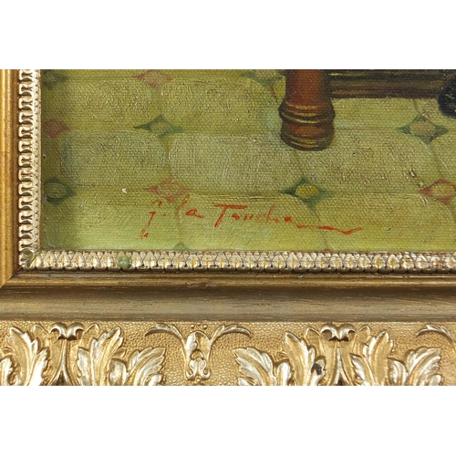 610 - Two females in an interior, Italian Pre-Raphaelite school oil on board, mounted and framed, 59.5cm x... 