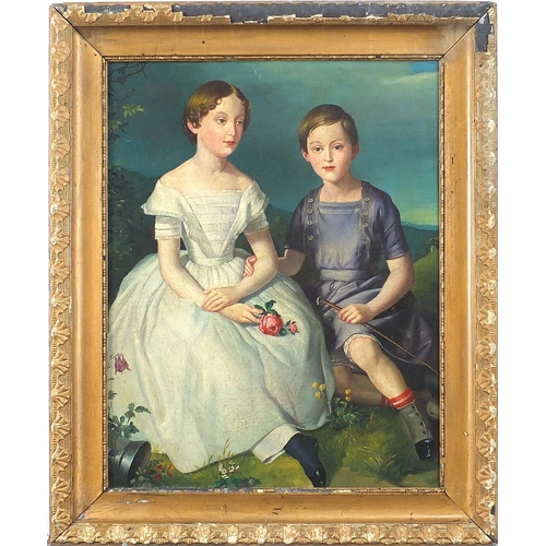 682 - Full length portrait of two children, Georgian school oil on board, mounted and framed, 49.5cm x 39c... 