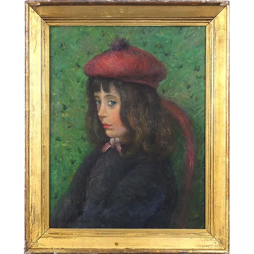 639 - Head and shoulders portrait of a girl wearing a beret, French Impressionist oil on board, mounted an... 