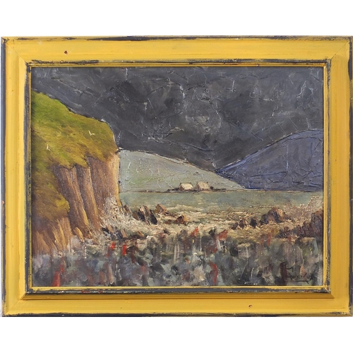 684 - Seascape with cliffs and cottages, Irish school oil on canvas, mounted and framed, 59.5cm x 44.5cm e... 
