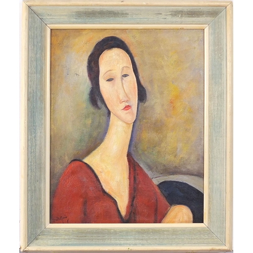 642 - After Amedeo Modigliani - Head and shoulders portrait of a female, Italian school oil on canvas, mou... 