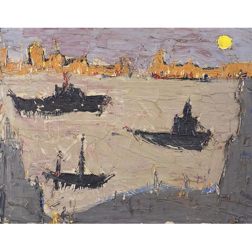 531 - After John Bratby - Boats in water before buildings, impasto oil on board, unframed, 62cm x 48.5cm
