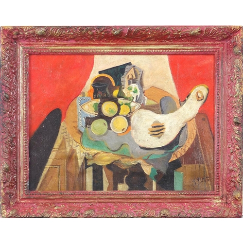 751 - After Georges Braque - Surreal still life, French school  oil on canvas, mounted and framed, 39cm x ... 
