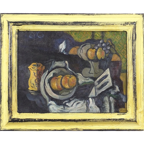 723 - Still life with fruit, Bloomsbury school oil on board, mounted and framed, 40cm x 29.5cm excluding t... 