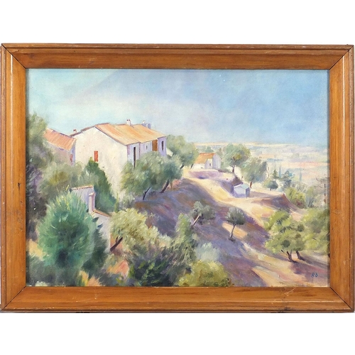 792 - Continental landscape, Bloomsbury school oil on board, framed, 54cm x 38.5cm excluding the frame