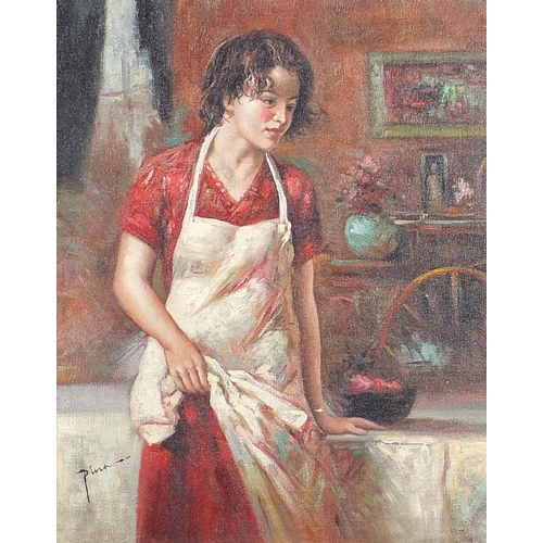 563 - Female in an interior, Italian Impressionist oil on board, mounted and framed, 59.5cm x 48cm excludi... 