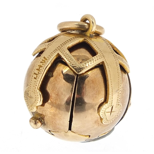 383 - 9ct gold cased silver folding masonic ball pendant, 5cm high when open, 12.4g