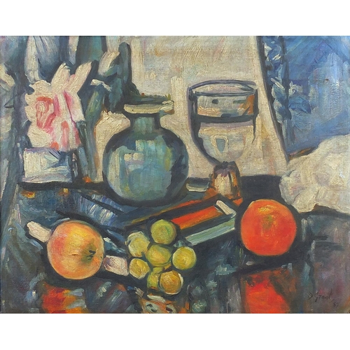 2445 - After Duncan Grant - Still life fruit and vessels, Scottish Colourist school oil on board, mounted a... 