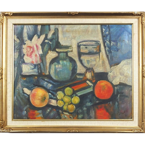 2445 - After Duncan Grant - Still life fruit and vessels, Scottish Colourist school oil on board, mounted a... 