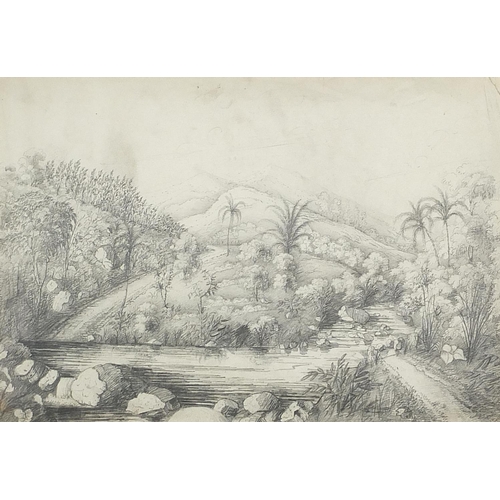 533 - H D'Anglebarmes - View from the garden on Tabery  Estate, pencil, details verso, mounted framed and ... 