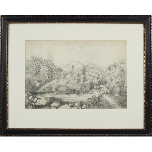 533 - H D'Anglebarmes - View from the garden on Tabery  Estate, pencil, details verso, mounted framed and ... 