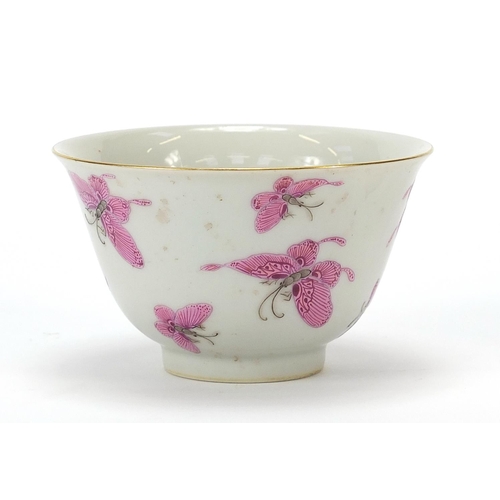 587 - Good Chinese porcelain bowl finely hand painted  in pink with butterflies, six figure character mark... 