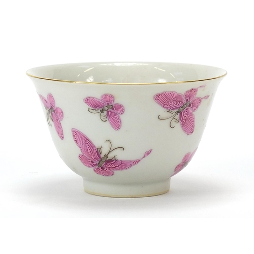 587 - Good Chinese porcelain bowl finely hand painted  in pink with butterflies, six figure character mark... 