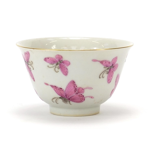 587 - Good Chinese porcelain bowl finely hand painted  in pink with butterflies, six figure character mark... 