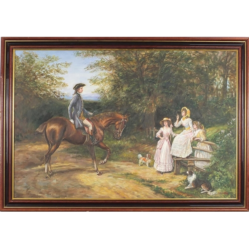 791 - Wilder - Cavalier on horseback with three females, 19th century style oil on canvas, framed, 91cm x ... 