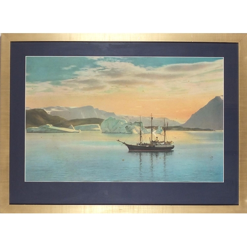 966 - Ship amongst icebergs, print in colour, German label and details verso, mounted, framed and glazed, ... 