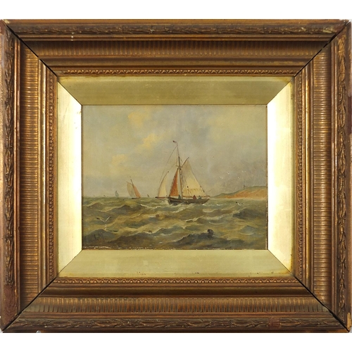 613 - Boats on water, 19th century maritime oil, indistinctly monogrammed, possibly G M, mounted, framed a... 