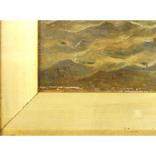 613 - Boats on water, 19th century maritime oil, indistinctly monogrammed, possibly G M, mounted, framed a... 