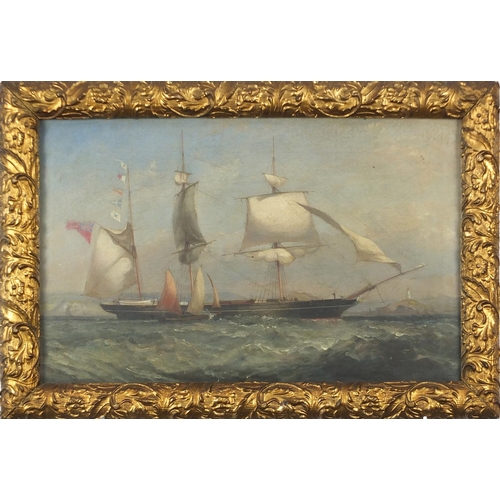 562 - Frigate and sailing boat at sea, 18th/19th century maritime oil on canvas, framed and glazed, 53cm x... 