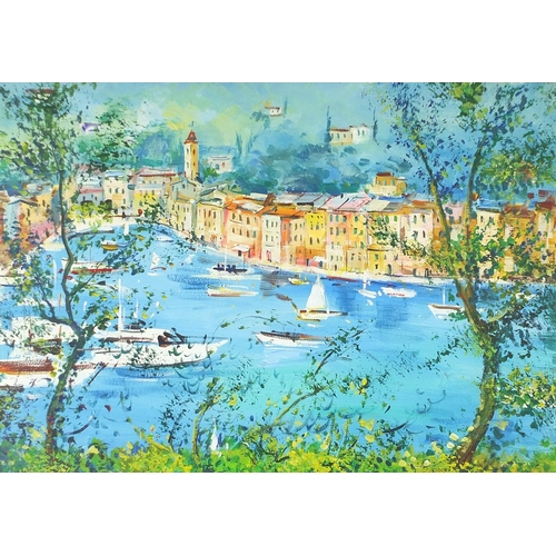 2444 - Manner of Raoul Dufy - Continental harbour scene with boats, oil on canvas, mounted, framed and glaz... 