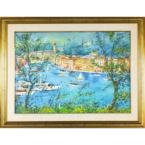 2444 - Manner of Raoul Dufy - Continental harbour scene with boats, oil on canvas, mounted, framed and glaz... 