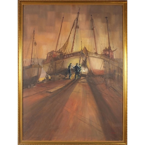 609 - Figures before moored boats, oil on canvas, indistinctly signed, possibly C R Swayar, framed and gla... 