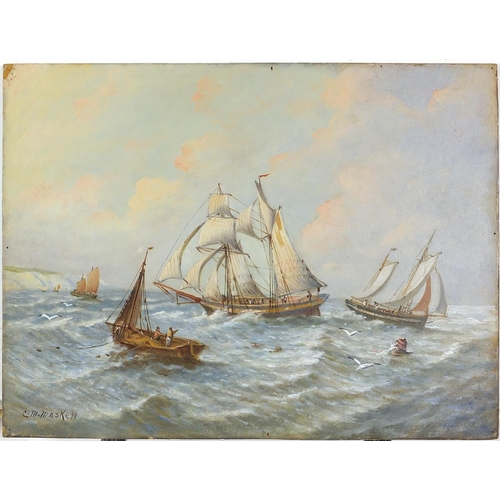 583 - Christopher Mark Maskell - Frigates and sailing boat at sea, late 19th/early 20th century maritime o... 