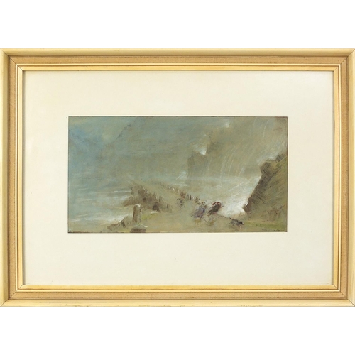 560 - Albert Goodwin - Figures on a jetty beside water, heightened watercolour and mixed media, inscribed ... 