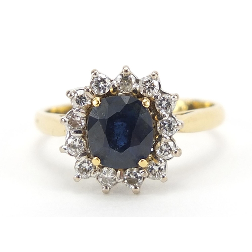 362 - 18ct gold sapphire and diamond flower head ring, the sapphire approximately 6.4mm x 5.8mm, altered t... 