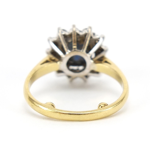 362 - 18ct gold sapphire and diamond flower head ring, the sapphire approximately 6.4mm x 5.8mm, altered t... 