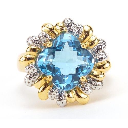 269 - 14ct gold blue topaz and diamond ring, size R, 6.0g