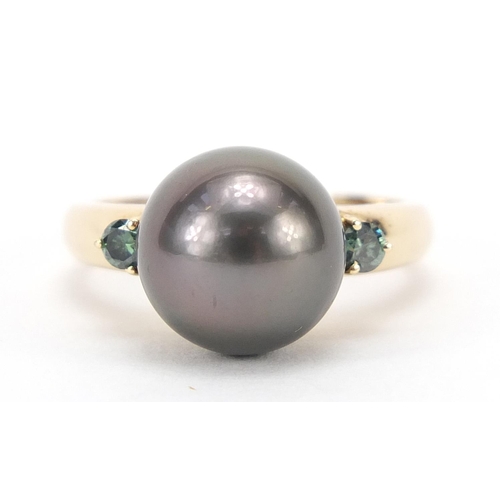 342 - 14ct gold pearl and blue diamond ring, possibly Tahitian pearl, size N, 5.0g