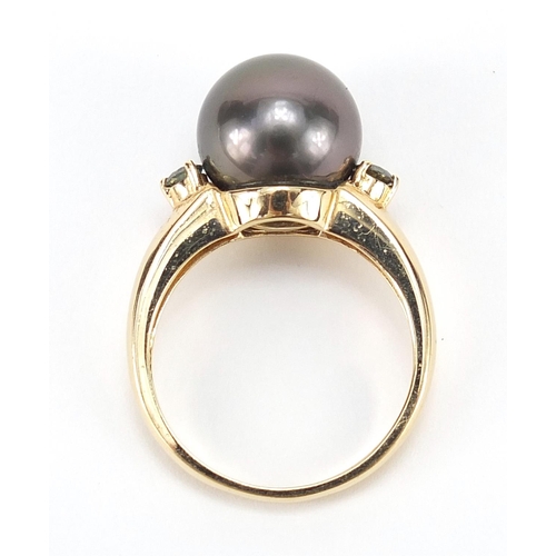 342 - 14ct gold pearl and blue diamond ring, possibly Tahitian pearl, size N, 5.0g