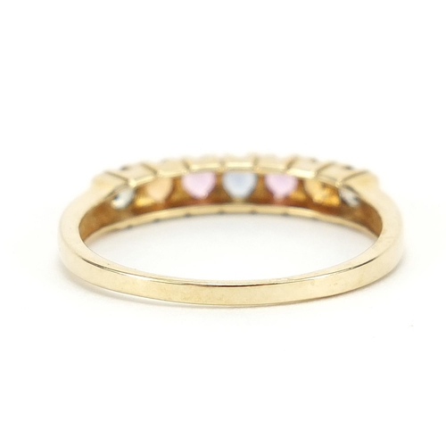 748 - 9ct gold multi gemstone half eternity ring, size Q, 1.9g