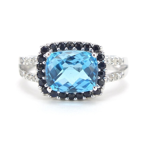 199 - 9ct white gold blue topaz, sapphire and diamond ring, size O/P, 4.7g